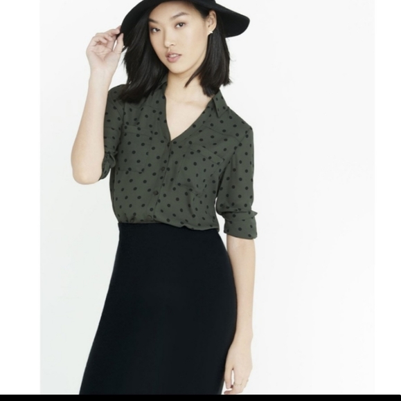 Express Tops - Express Portofino Green Polka Dot Button Down Professional Work Dress Shirt